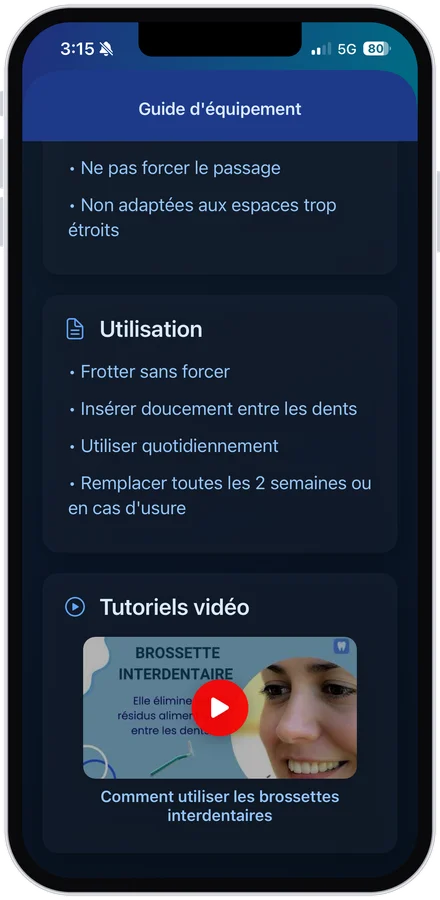 App MouthCare, guide d'équipement, brossettes interdentaires