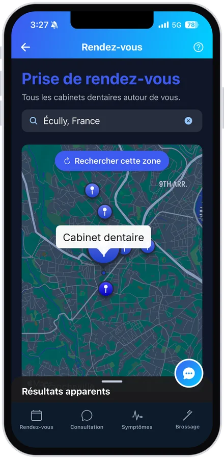 App MouthCare, carte des cabinets et des urgences