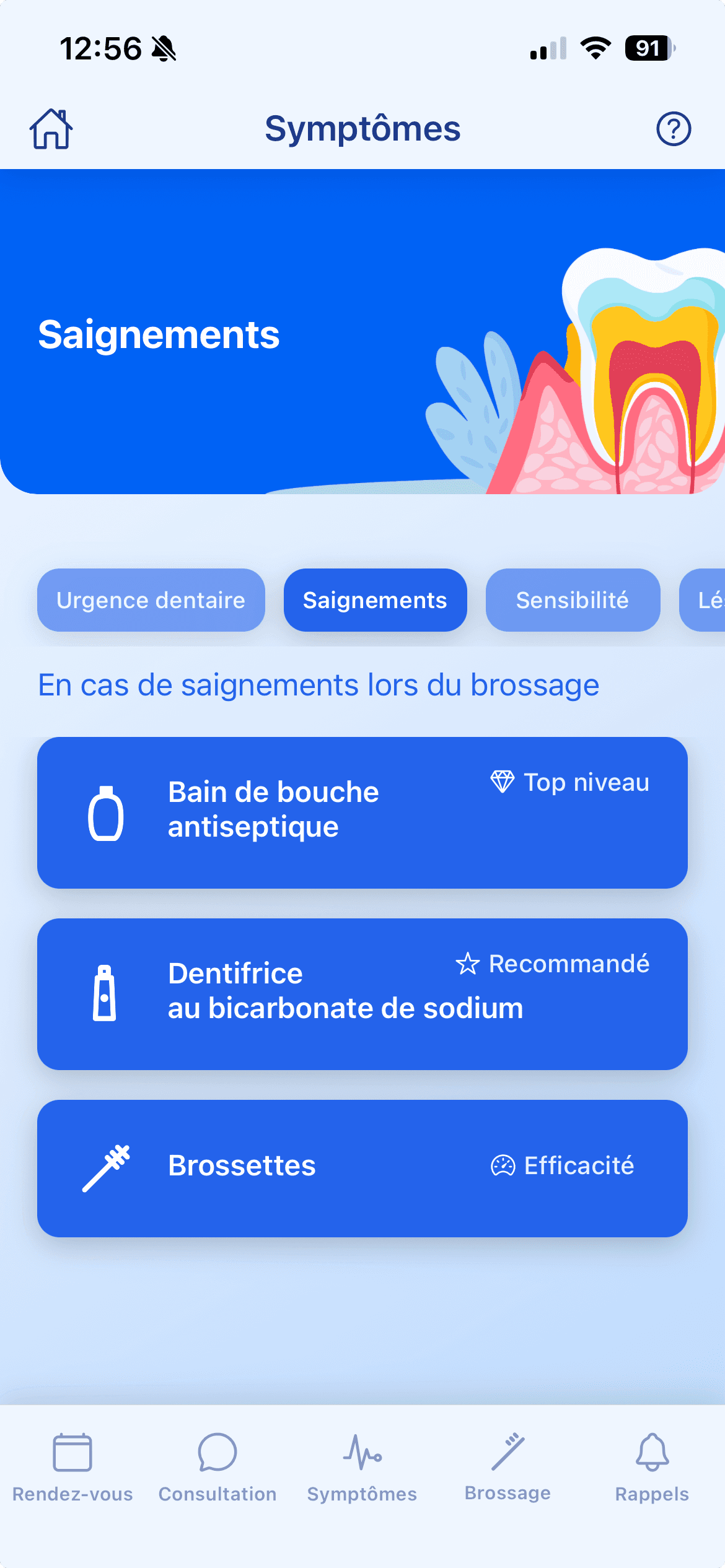 Symptômes — protocole recommandé en cas de saignements gingivaux